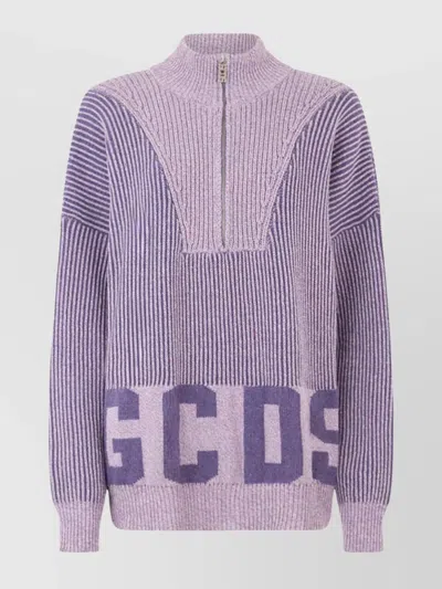 Gcds Ribbed Low Logo Half Zip Sweater In Purple