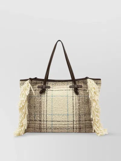 Gianni Chiarini Marcella Tote Bag With Plaid Pattern And Fringe Detailing In Neutral