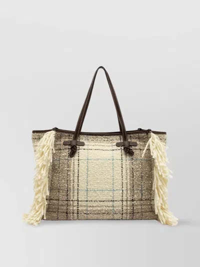 Gianni Chiarini Marcella Tote Bag With Plaid Pattern And Fringe Detailing In Neutral