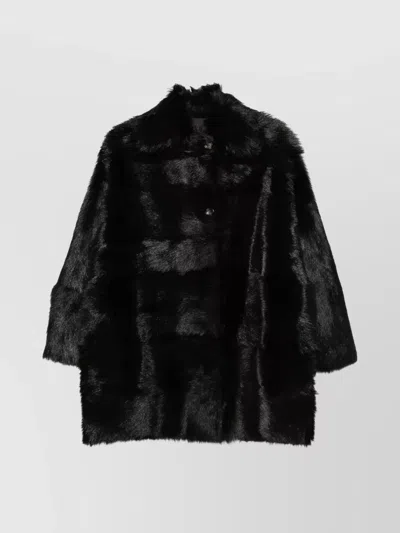 Alberta Ferretti Fur Texture High Collar Knee Length Jacket In Black