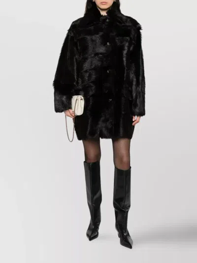 Alberta Ferretti Fur Texture High Collar Knee Length Jacket In Black