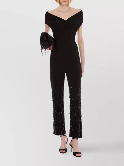Alberta Ferretti Flared High Waist Trousers With Beaded Embellishments In Black