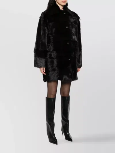 Alberta Ferretti Fur Texture High Collar Knee Length Jacket In Black