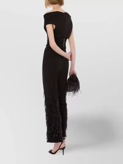 Alberta Ferretti Flared High Waist Trousers With Beaded Embellishments In Black