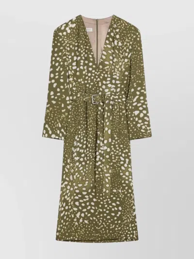 Dries Van Noten Dress With Belt And Khaki Green Print In Animal Print