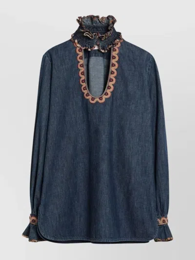Valentino Denim Blouse With Embroidered Edges In Blue