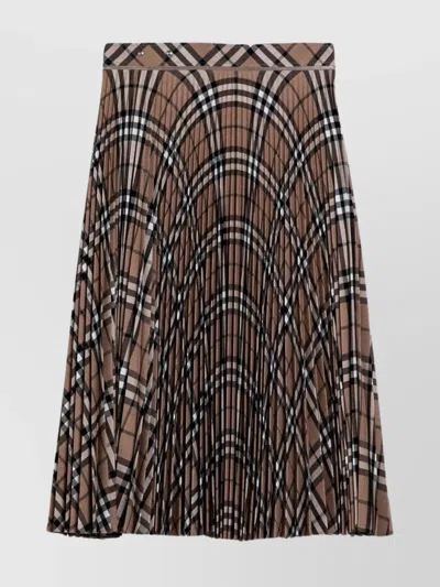 Burberry Pleated Check Wool Blend Skirt In Brown