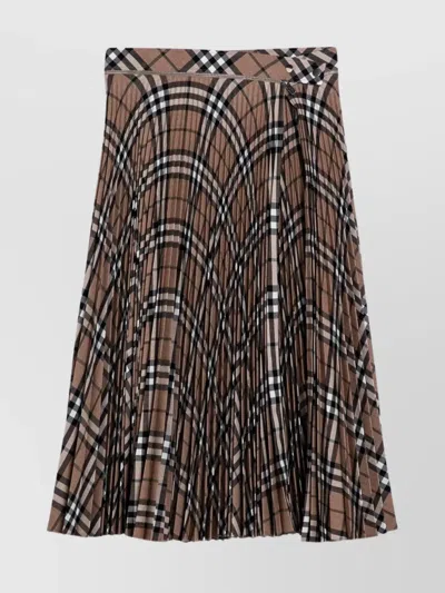 Burberry Pleated Check Wool Blend Skirt In Brown