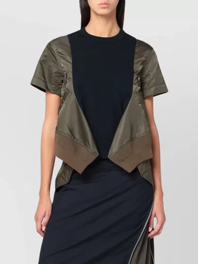 Sacai Navy Kaki Cotton And Nylon T-shirt In Black