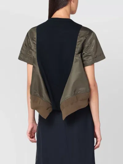 Sacai Navy Kaki Cotton And Nylon T-shirt In Black