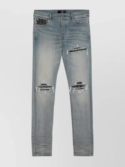 Amiri Leopard Print Distressed Jeans Five-pocket Style In Gray