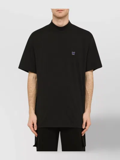 Needles Black Crewneck T-shirt With Logo Patch And Chest Pocket In Jersey In Black