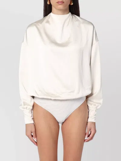 The Andamane Sylvia Satin Finish Bodysuit With Long Sleeves In White