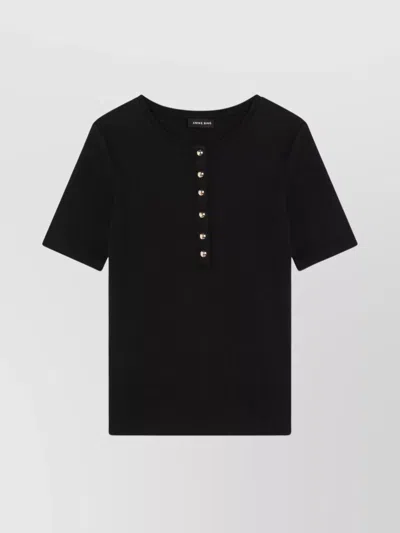 Anine Bing Ribbed Texture Short Sleeved T Shirt With Button Detailing In Black