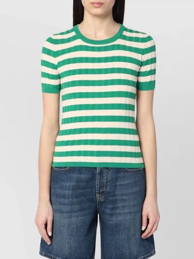 Roberto Collina Striped Cotton Sweater Short Sleeves Crew Neck In Green