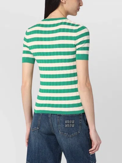 Roberto Collina Striped Cotton Sweater Short Sleeves Crew Neck In Green