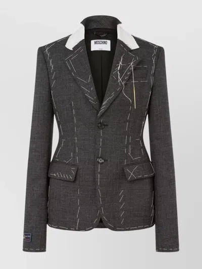 Moschino Embroidered Wool Canvas Jacket With Notch Lapel In Gray