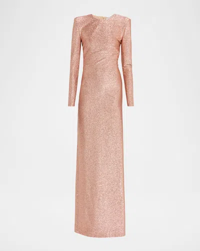 Oscar De La Renta Long Sleeve Stretch Lame Gown In Pink