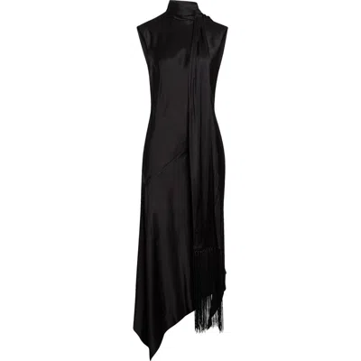 Acne Studios Dale Attached Scarf Asymmetric Satin Dress In Black