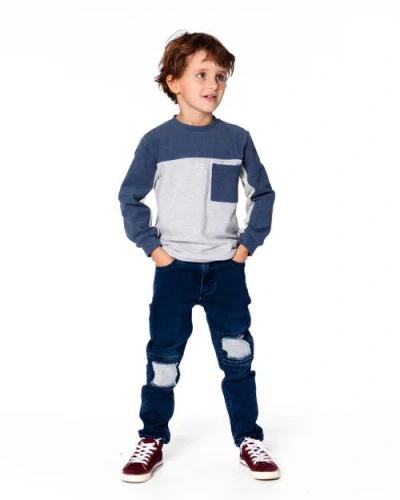 Deux Par Deux Long Sleeve Super Soft Brushed Jersey Top Color Block In Gray