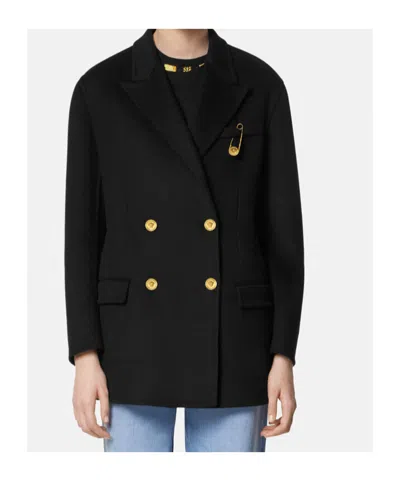 Versace Statement Safety Pin Double-breasted Coat In Black