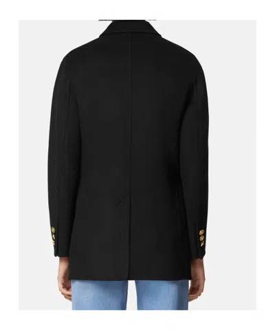 Versace Statement Safety Pin Double-breasted Coat In Black