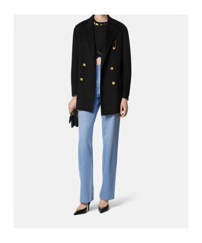 Versace Statement Safety Pin Double-breasted Coat In Black