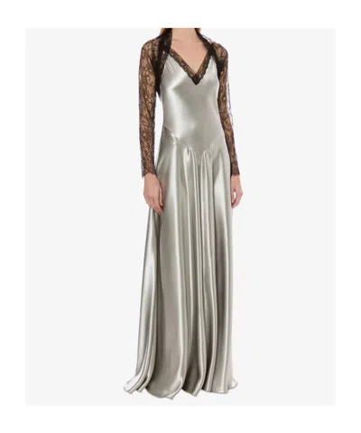 Alberta Ferretti Backless Satin Long Sleeve Floor-length Dress In Silver
