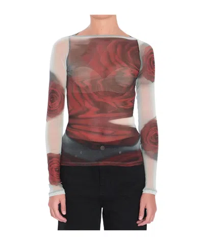 Jean Paul Gaultier Rose Mesh Floral Top In Brown