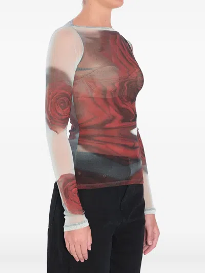 Jean Paul Gaultier Rose Mesh Floral Top In Brown