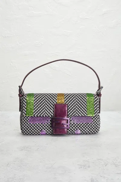 Pre-owned Fendi Embroidered Tweed Baguette Shoulder Bag In Multi
