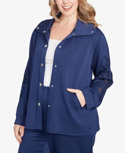 Ruby Rd. Plus Size Embroidered Floral Cutout Snap Jacket In Blue