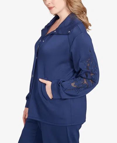 Ruby Rd. Plus Size Embroidered Floral Cutout Snap Jacket In Blue
