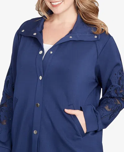 Ruby Rd. Plus Size Embroidered Floral Cutout Snap Jacket In Blue