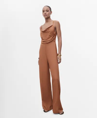 Mango Long Jumpsuit With Draped Neckline Brown In Brown