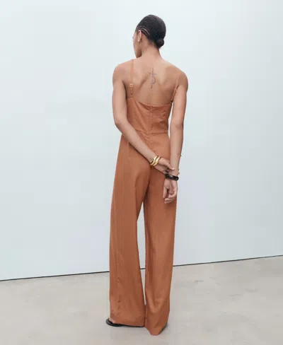 Mango Long Jumpsuit With Draped Neckline Brown In Brown