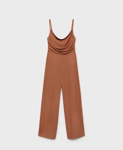 Mango Long Jumpsuit With Draped Neckline Brown In Brown