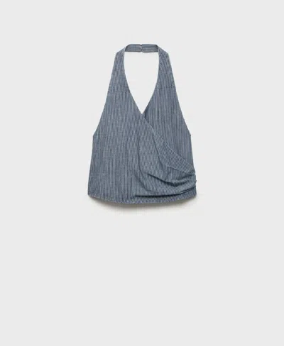 Mango Striped Crossover Denim Top Blue In Blue