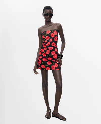 Mango Bandeau Ruched Sides Mini Dress In Red
