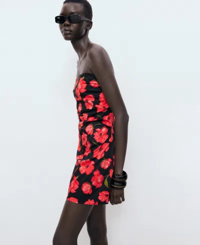 Mango Bandeau Ruched Sides Mini Dress In Red