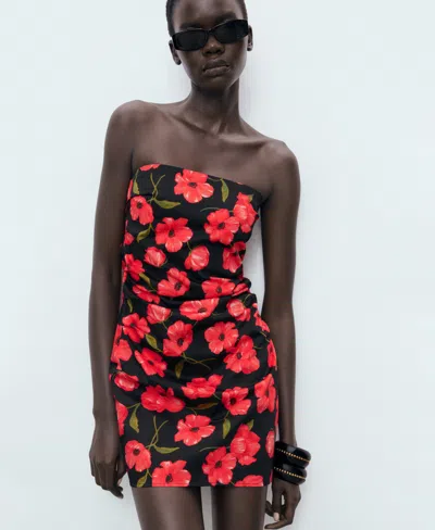 Mango Bandeau Ruched Sides Mini Dress In Red