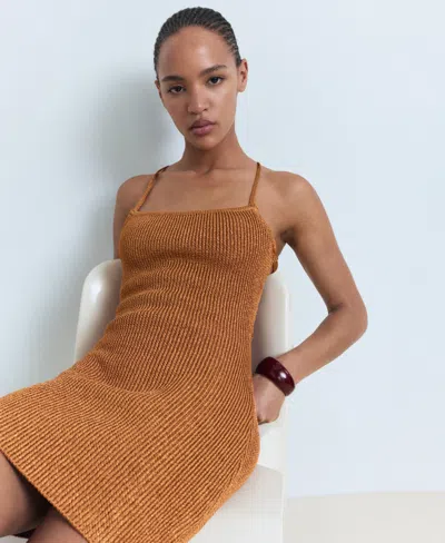 Mango Lurex Knit Dress With Crossed Back Copper In Brown