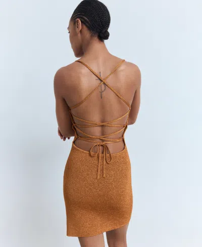 Mango Lurex Knit Dress With Crossed Back Copper In Brown