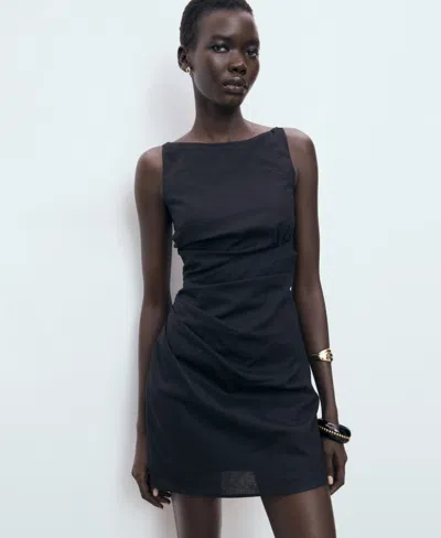 Mango Robe Courte Drapée Lin Noir - Femme - Xl -  In Black