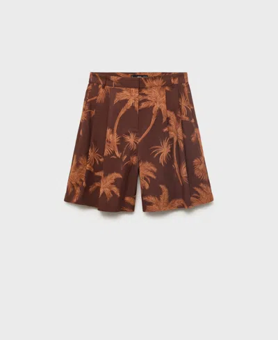Mango Cotton Bermuda Shorts With Palm Tree Print Brown In Brown