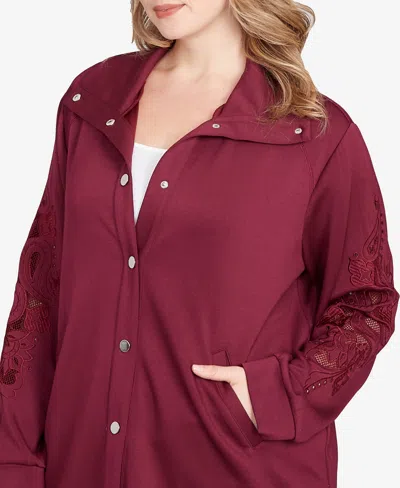 Ruby Rd. Plus Size Embroidered Floral Cutout Snap Jacket In Red