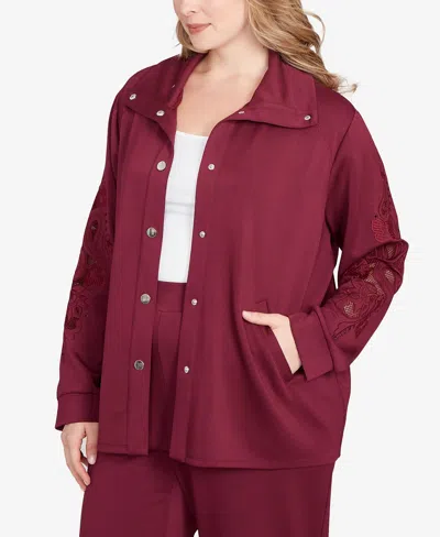 Ruby Rd. Plus Size Embroidered Floral Cutout Snap Jacket In Red