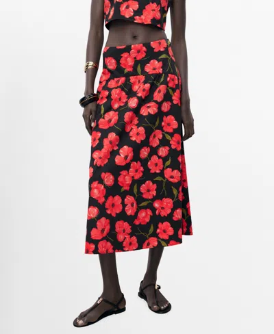 Mango Floral-print Flared Skirt Black In Black