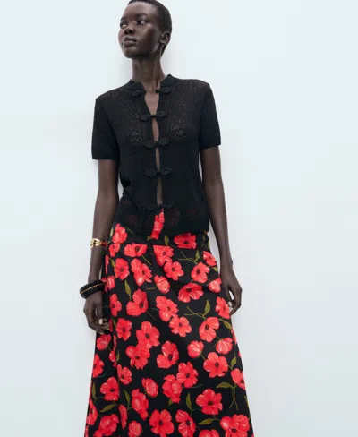 Mango Floral-print Flared Skirt Black In Black