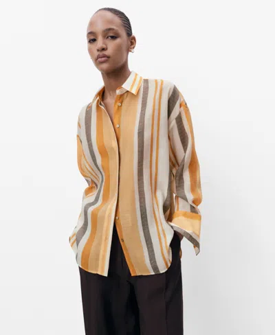 Mango Striped Lyocell Shirt Off White In Orange